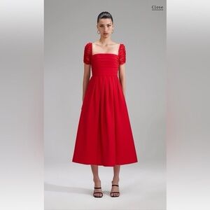 Self Portrait - Red Crepe Sleeved Midi Dress
